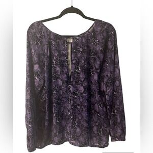 Lane Bryant Purple‎ Black Sheer Keyhole Long Sleeves Snake Print Blouse Size 14